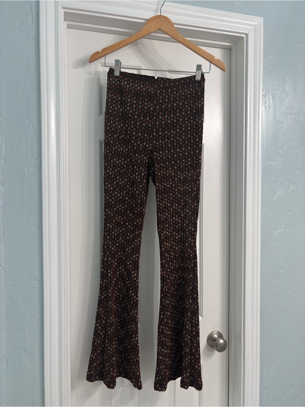 Free People Shimmer Stretch Embroidered  Floral Flared Pants - Black